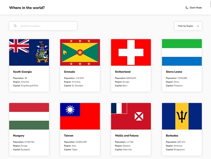 two screenshots, one showcasing a grid of country flags and the other showing details and statistics for one country