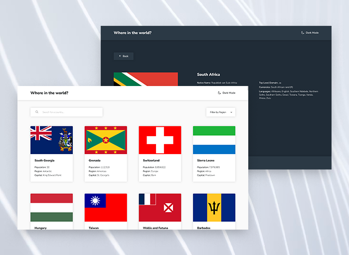 one screenshot of a grid of country flags, and another screenshot of a country detail page in dark mode