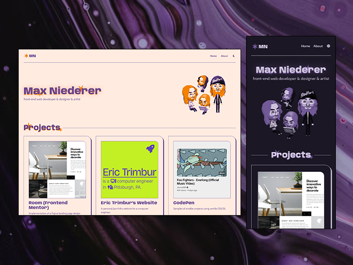 two screencaps of a personal website showcasing light and dark modes on desktop and mobile screen sizes respectfully