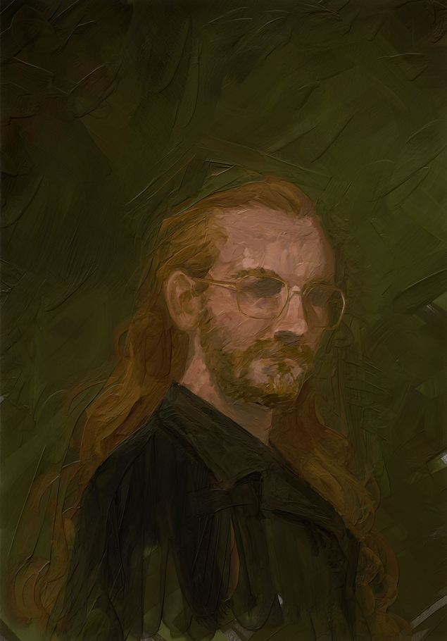 a digital oil painting of a blonde man with glasses